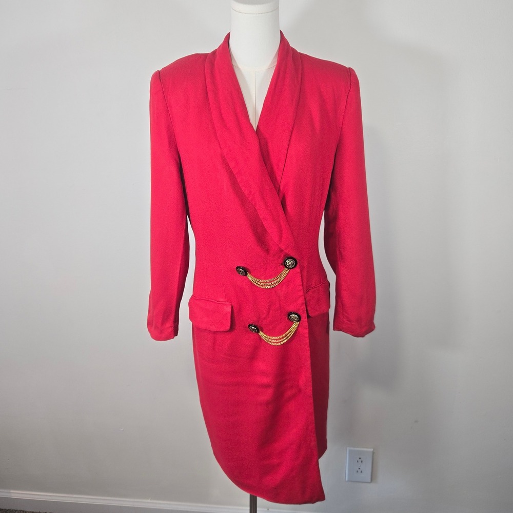 Kasper for ASL Coat Dress Womens 12 Red Double Breasted Gold Chain Shawl Collar